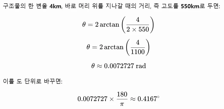 LEO 궤도 우주 데이터센터의 각지름 계산 예시